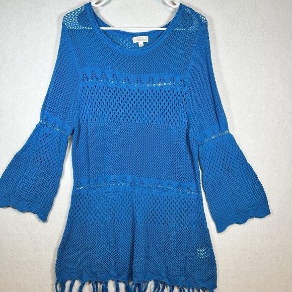 Joseph A. Tops - Joseph A Womens Blue Crochet Knit Tunic Top Bell Sleeve Tassel Fringe XL